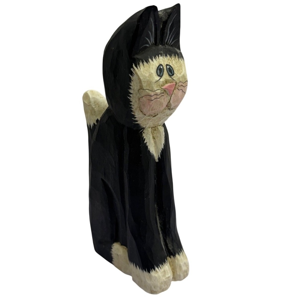 Eddie Walker Hand Carved Wooden Tuxedo Cat Figurine Folk Art Painted Kitty Decor